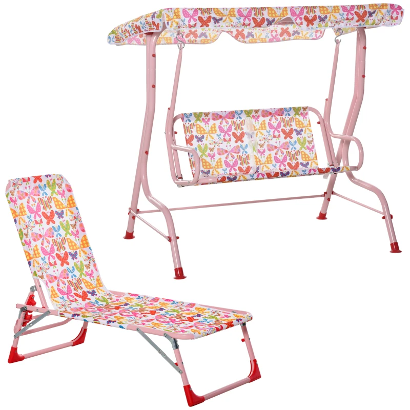 Outsunny Gartenmöbel-Set für Kinder, 1 Hollywoodschaukel, 1 Sonnenliege, für Kinder von 3 -8 Jahren, Rosa