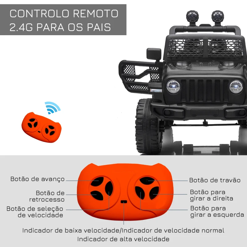 HOMCOM Carro Elétrico para Crianças com Bateria de 12V 2 Motores Controlo Remoto 2,4G Faróis Buzina Velocidade Ajustável 100x65x72 cm Preto