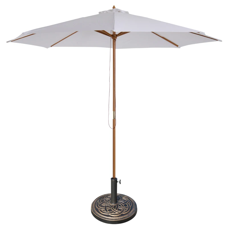 Outsunny 3 m Garden Parasol with Base, Pulley Operated Patio Umbrella, Wooden Parasol, Table Market Umbrella with Rope Pulley Mechanism and 8 Ribs, White