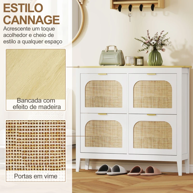 HOMCOM Sapateira Estreita com 4 Portas em Vime e Prateleiras Ajustáveis para 20 Pares de Sapatos 105x24x95,5 cm Branco