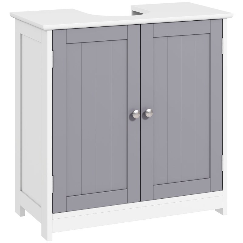 kleankin Mobile Sottolavabo a 2 Ante con Ripiano Regolabile, Armadietto Bagno Salvaspazio con Intaglio a U, 60x30x60 cm, Bianco e Grigio