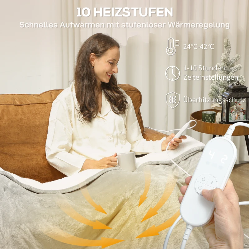 HOMCOM Heizdecke 180 x 130 cm Elektrische Wärmedecke mit 10 Heizstufen, 10 Stunden Timer Überhitzungsschutz LED Anzeige(m-5)
