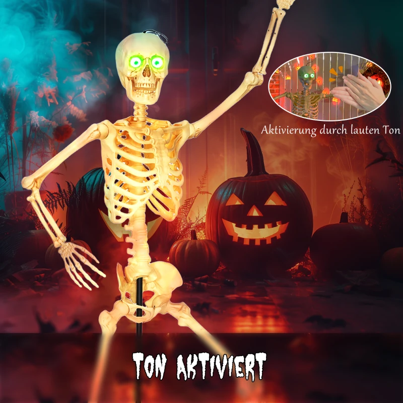 Outsunny Skelett-Figur, Halloween-Dekoration, bewegliche Arme und Beine, Geräusch-Aktivierung, leuchtende Augen, Batteriebetrieb, 152 cm, Metall, Kunststoff, Gelb(m-6)