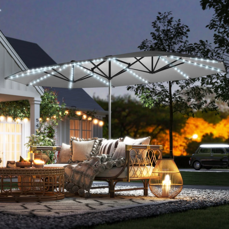 Outsunny Dubbele Parasol met Zonne-energie Verlichting, Aluminium, Polyester, UPF50+ Bescherming, UV-bestendig, Terras Parasol, Donkergrijs(m-10)