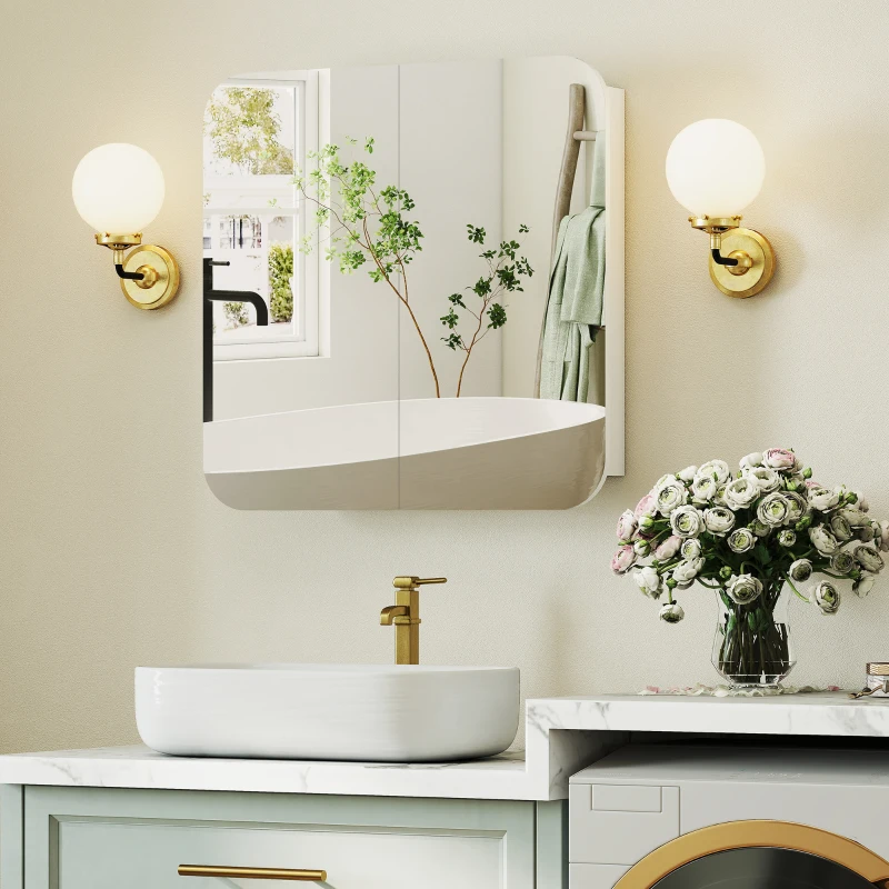HOMCOM Armário de Casa de Banho com Espelho Design com Bordas Curvas com Prateleiras Ajustáveis 68x13x66 cm Branco
