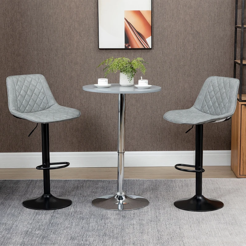 HOMCOM Conjunto de Bancos de Bar Estofados em PU Bancos Altos de Sala de Jantar com Altura Ajustável 46,5x51x86-106 cm Cinzento