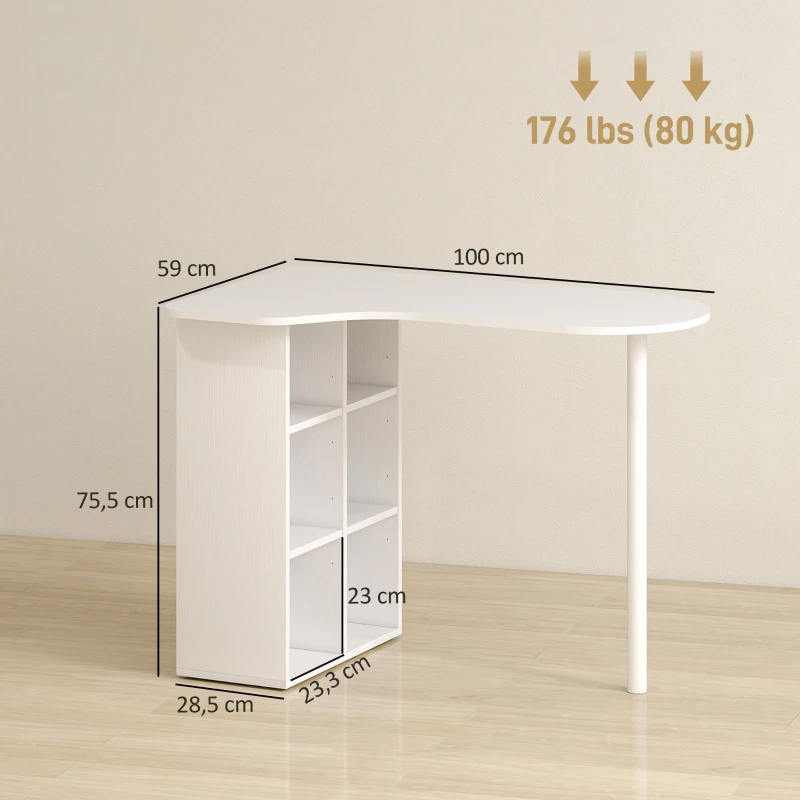 HOMCOM Escritorio curvo con 6 compartimentos y 4 baldas regulables — Blanco, 100 x 59 x 75,5 cm