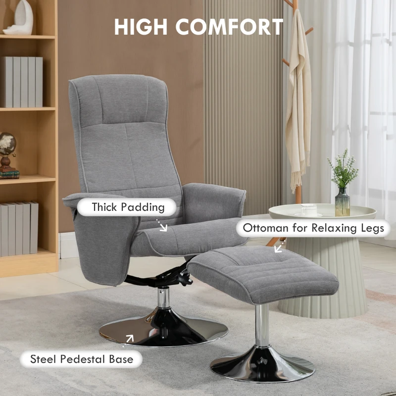 HOMCOM Swivel Recliner Chair with Footstool, Velvet Recliner Armchair with Ottoman, Steel Base, Upholstered Reclining Chair for Living Room, Bedroom, Office, Grey