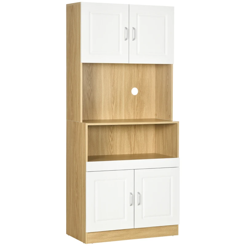 Unitate de camara inalta HOMCOM din PA de culoare alb si lemn cu 4 usi cu dulapuri si raft deschis, pentru bucatarie si sufragerie, 80x40x180 cm
