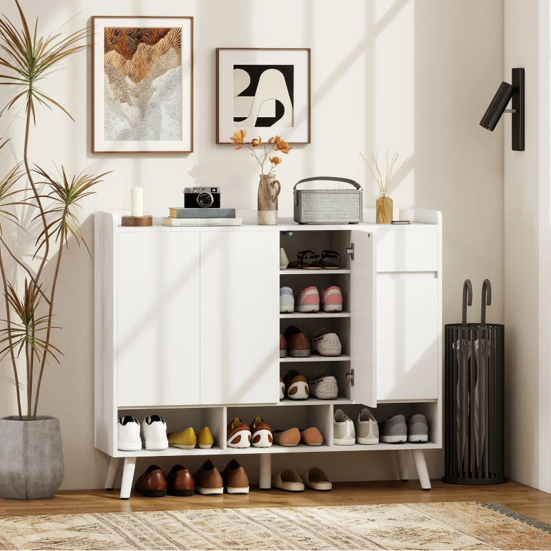 HOMCOM Scarpiera dal design senza maniglie, con 4 ante, 4 ripiani regolabili e gambe in legno, Bianco