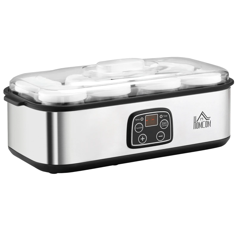 HOMCOM Joghurtbereiter Griechische Joghurtmaschine mit Deckel, 8 BPA-freier Glas-Innenbehälter à 180 ml, Joghurt Maker mit LCD Display Timer, für bis zu 1,4 Liter Joghurt 25 W Silber