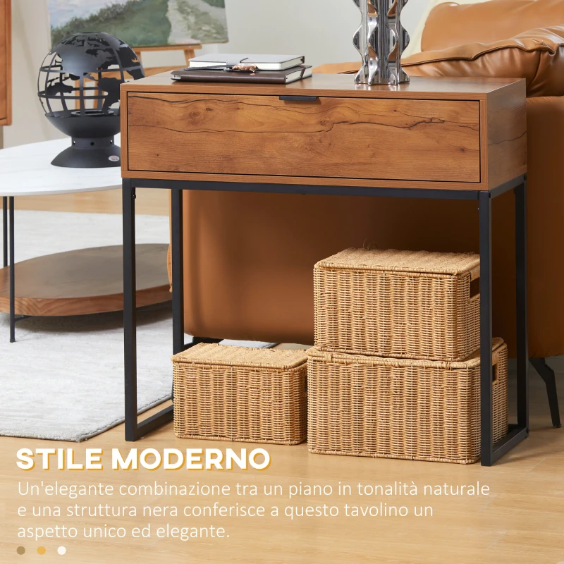HOMCOM Consolle da Ingresso Minimal con Cassetto, in Legno e Acciaio, 80x30x76 cm, Color Legno e Nero