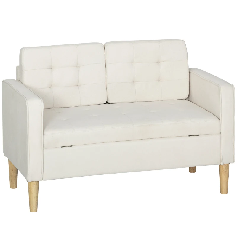 HOMCOM Zweisitzer-Sofa mit Stauraum, Knopfheftung, Kissen, Kautschukbaumholz, 117x62x78cm, Cremeweiß