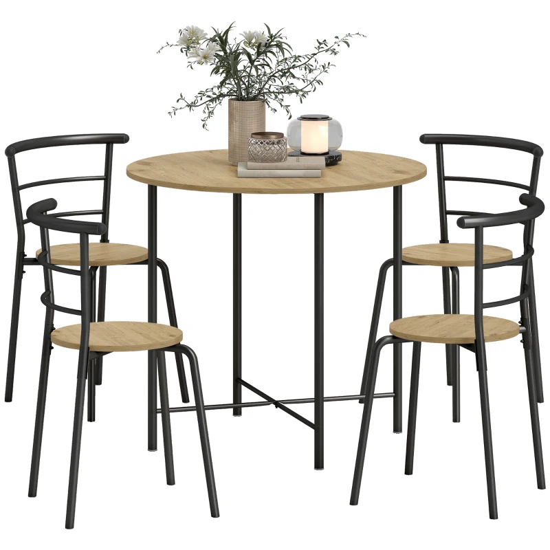 HOMCOM Set Masă Rotundă de Dining cu 4 Scaune Economisitor de Spațiu în Lemn și Metal Stil Industrial