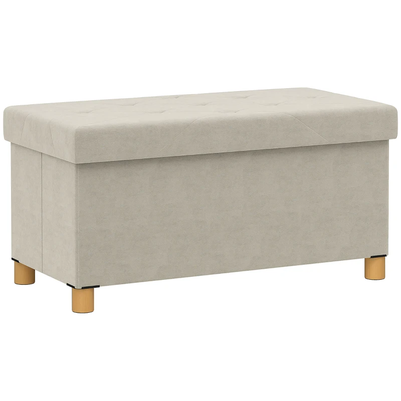 HOMCOM Bancă Ladă de Depozitare Pliabilă, Bancă de Pat cu Capac Căptușit și Înveliș de Catifea, 76x38x38 cm, Crem Alb