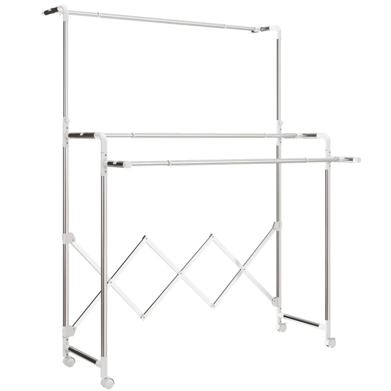 HOMCOM Tendedero Plegable de 3 Niveles Tendedero de Acero Inoxidable con 3 Barras Ajustables y Extensibles 4 Ruedas Plata