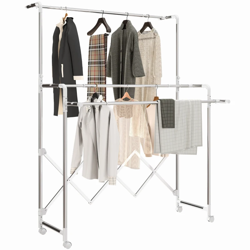 HOMCOM Foldable Drying Rack with 3 Adjustable Bars, Swiveling Wheels and Stainless Steel Frame, Silver