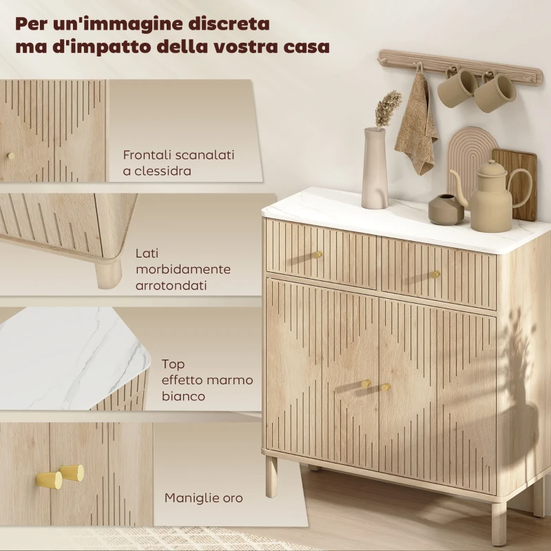 HOMCOM Credenza Buffet in Legno con 2 Cassetti, Armadietto e Piano d'Appoggio Effetto Marmo, 77x30x80 cm, color Rovere