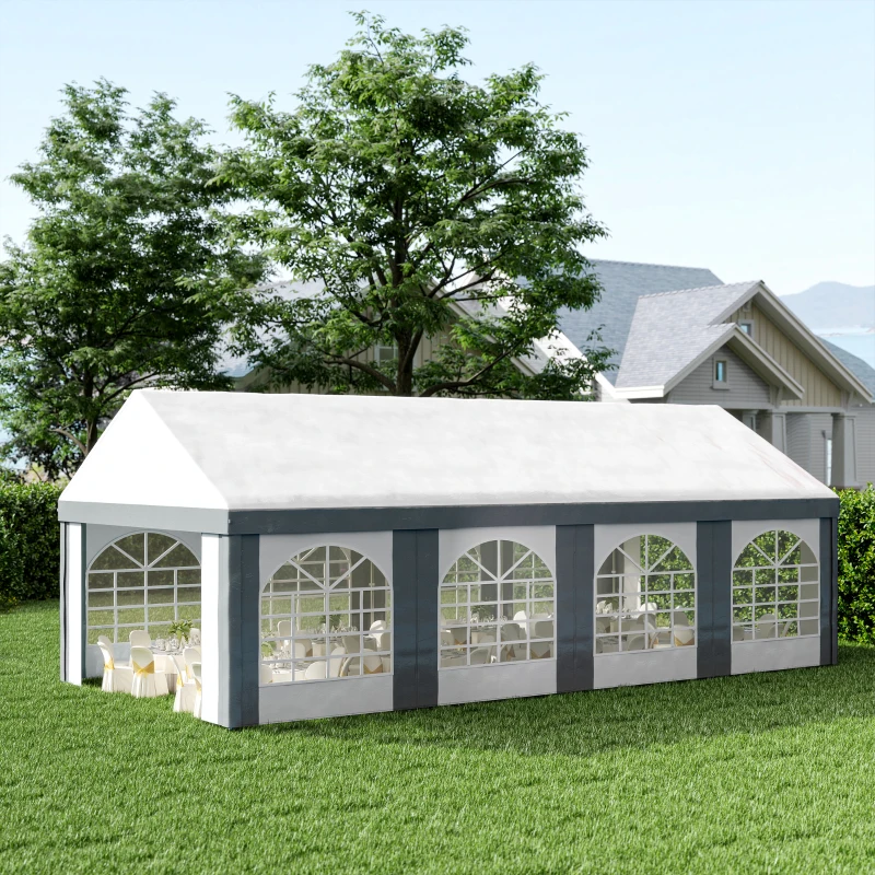 Outsunny 8m x 4m Marquee Gazebo with Sides, Level 4 Wind Protection & Waterproof, Light Grey