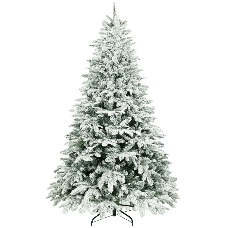 HOMCOM 7 ft Artificial Flocked Christmas Tree with 1867 Branches, Hinged Xmas Tree with Foldable Metal Stand, Easy Assembly for Home Office Decor