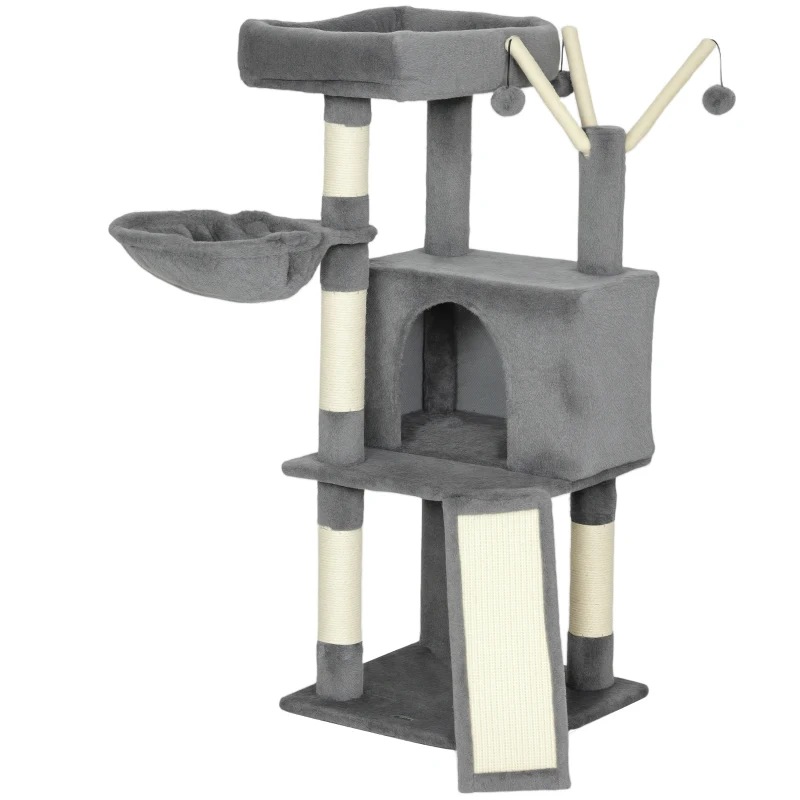 PawHut Albero tiragraffi per gatti con tappetino in sisal, piattaforma, tana e amaca, 40,5 x 40,5 x 103 cm, Grigio