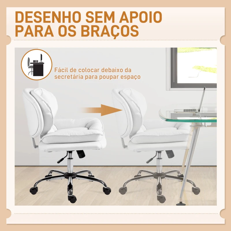 HOMCOM Cadeira de Escritório com Rodas Cadeira para Secretária com Função Inclinável Assento Amplo Sem Braços 60x65x83-93 cm Branco