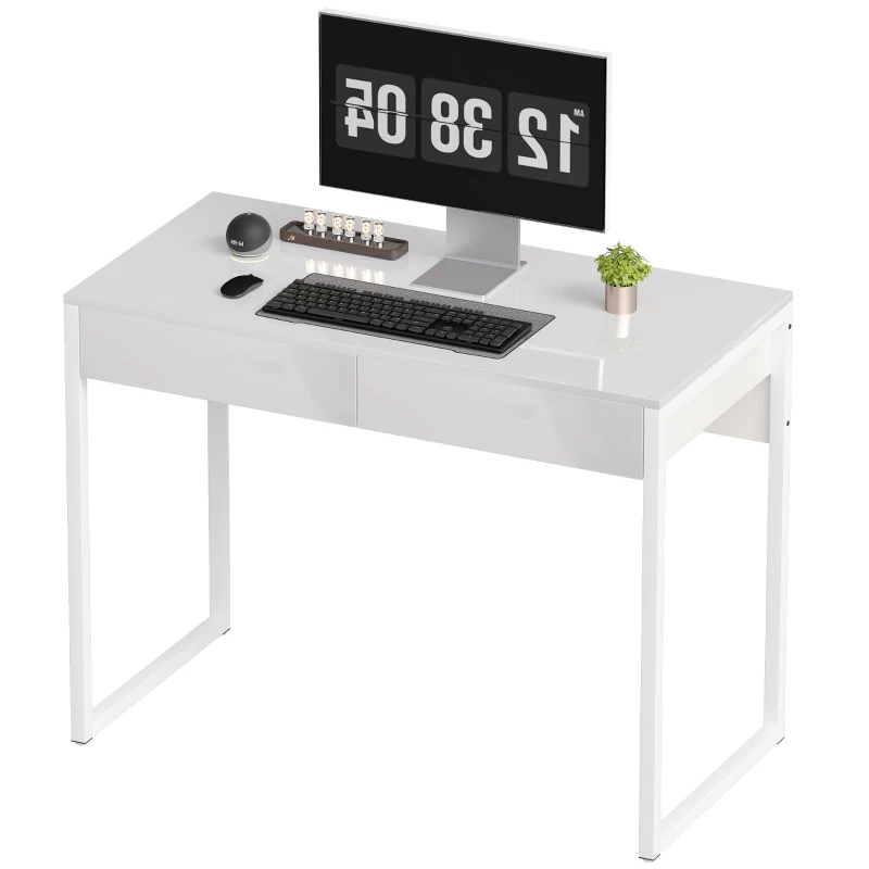 HOMCOM Bureau avec 2 tiroirs, table d'ordinateur 100 x 50 cm, bureau moderne pied en acier, pour petits espaces, blanc brillant