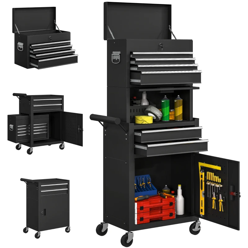 HOMCOM Armoire à outils verrouillable, ensemble chariot d'outils roulant 3-en-1 avec 6 tiroirs et panneau perforé, armoire de rangement d'outils détachable en acier pour garage et atelier, noir
