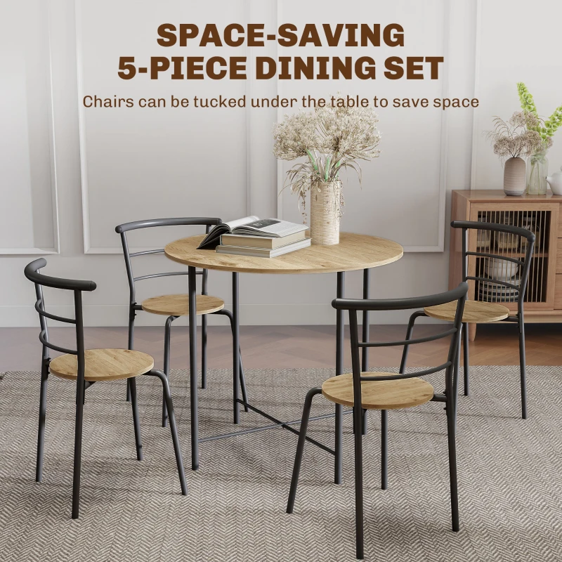 HOMCOM Set Masă Rotundă de Dining cu 4 Scaune Economisitor de Spațiu în Lemn și Metal Stil Industrial