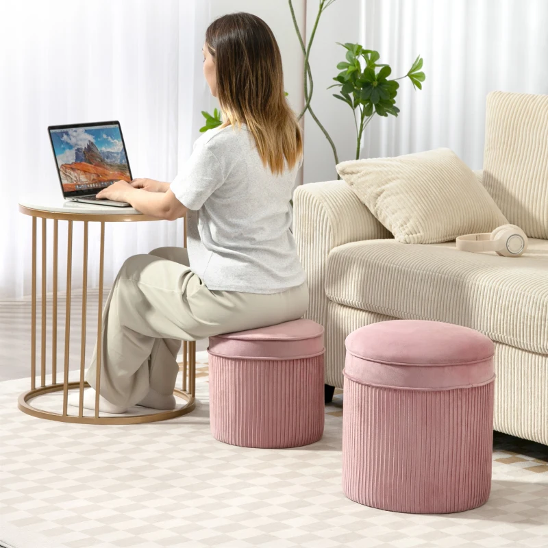HOMCOM Set 2 Pouf Poggiapiedi Rotondi Impilabili e Imbottiti con Rivestimento in Velluto, Contenitore da 34.8L, Rosa