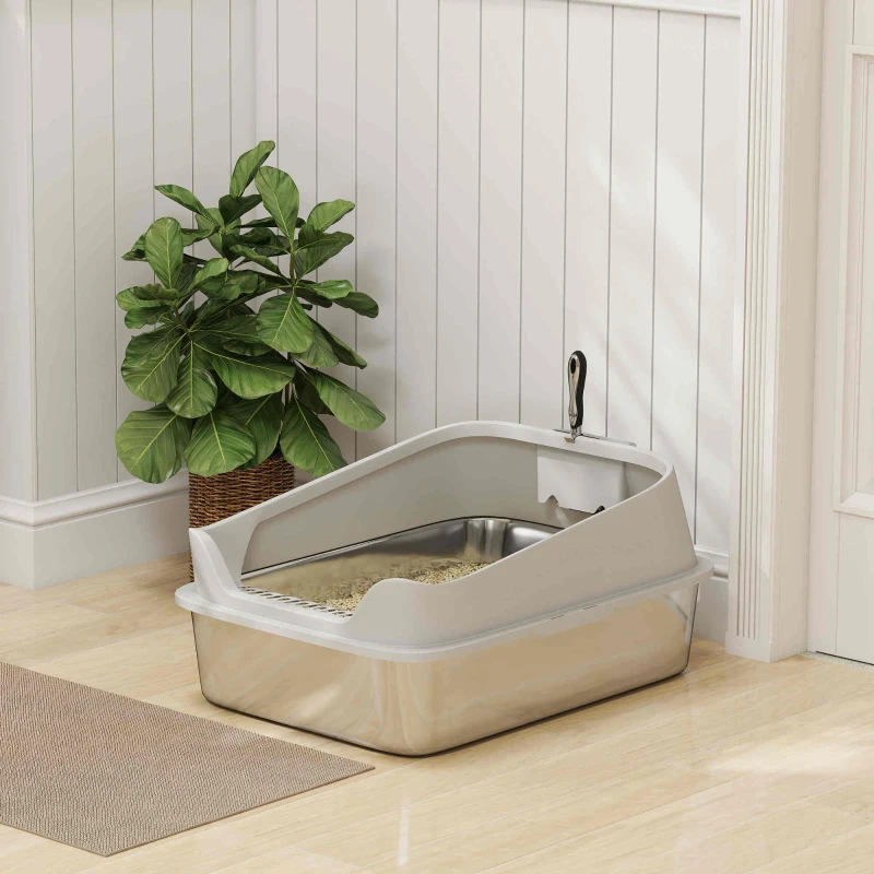 PawHut Caixa de Areia para Gatos em Aço Inoxidável XXL com Borda Alta Pá Fácil de Limpar À Prova de Fugas 70x50x30 cm Cinzento