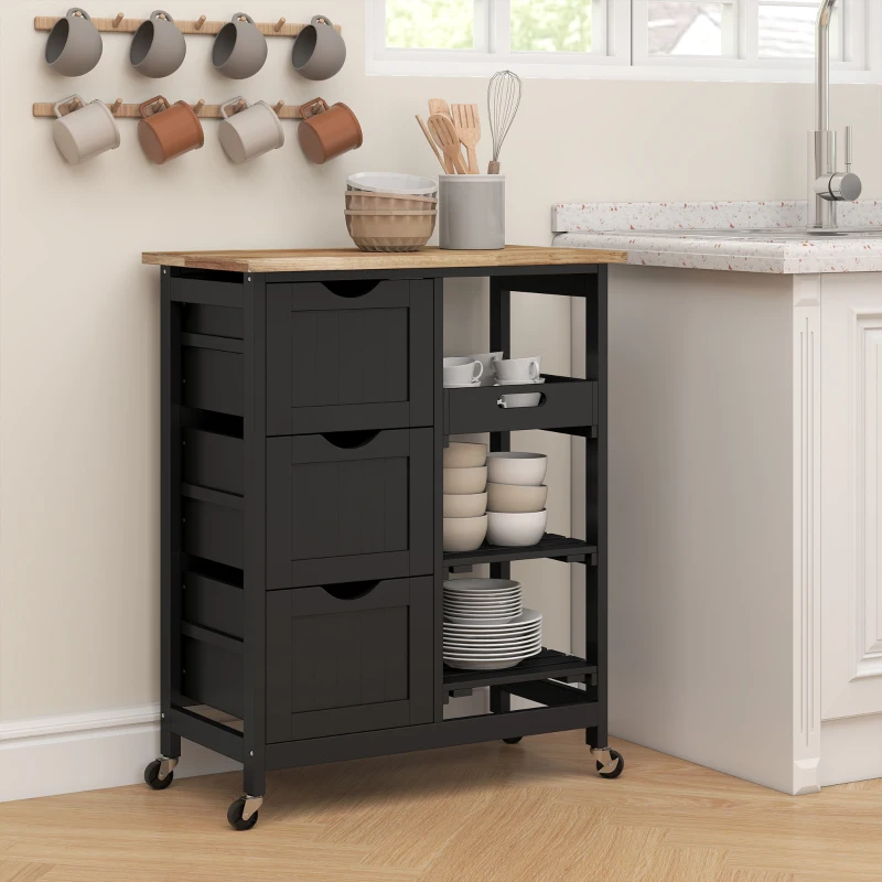 HOMCOM Carrinho de Cozinha com Rodas com 3 Gavetas 2 Prateleiras Abertas e Bandeja 67x37x85,5 cm Preto