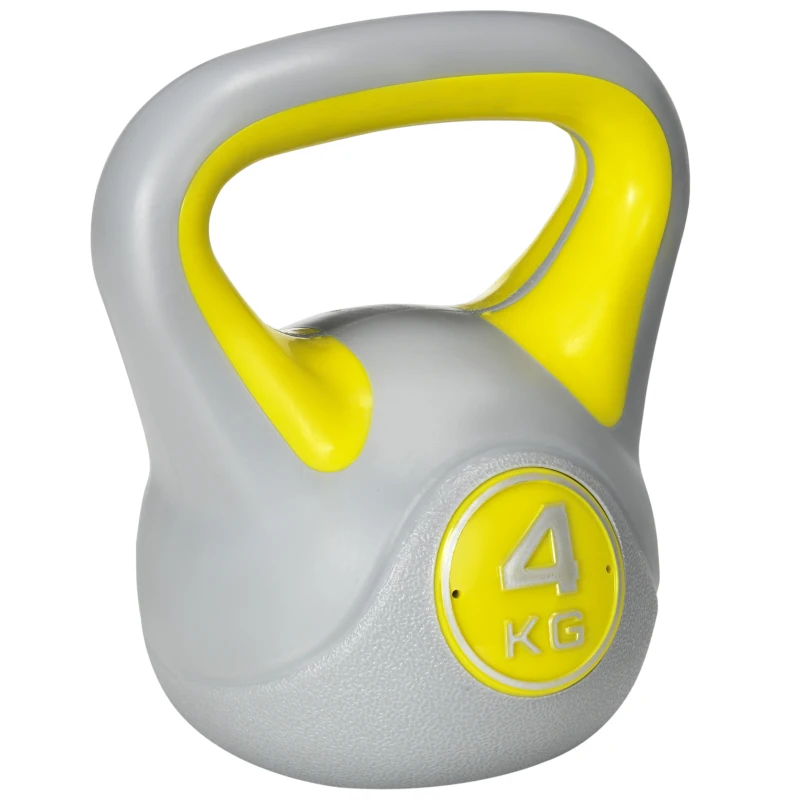SPORTNOW Kettlebell 4kg in PU e Sabbia con Base Piatta e Impugnatura per Stacchi, Squat e Sollevamenti, 18x12x20 cm, Giallo