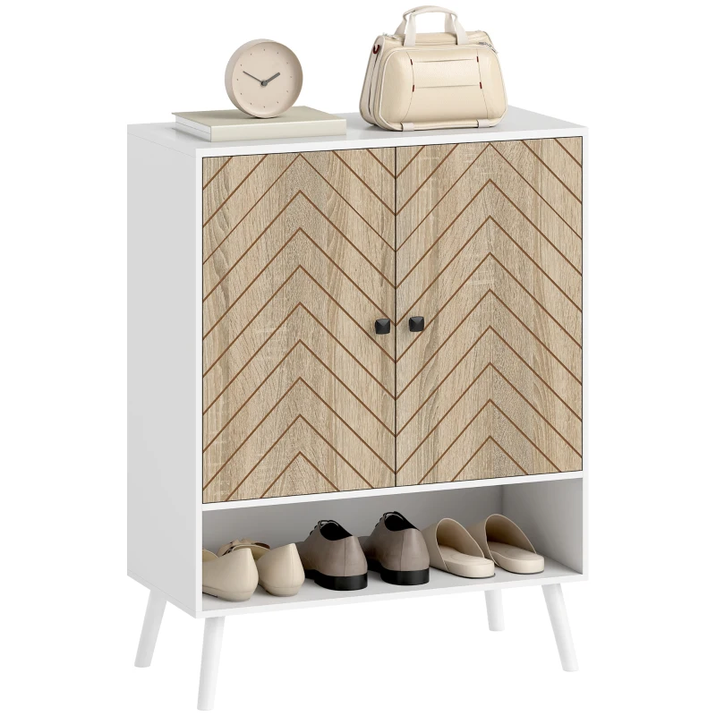 HOMCOM Sapateira com Desenho em Espiga Prateleiras Ajustáveis Compartimento Aberto para 15 Pares de Sapatos 75x35x97 cm Branco e Madeira