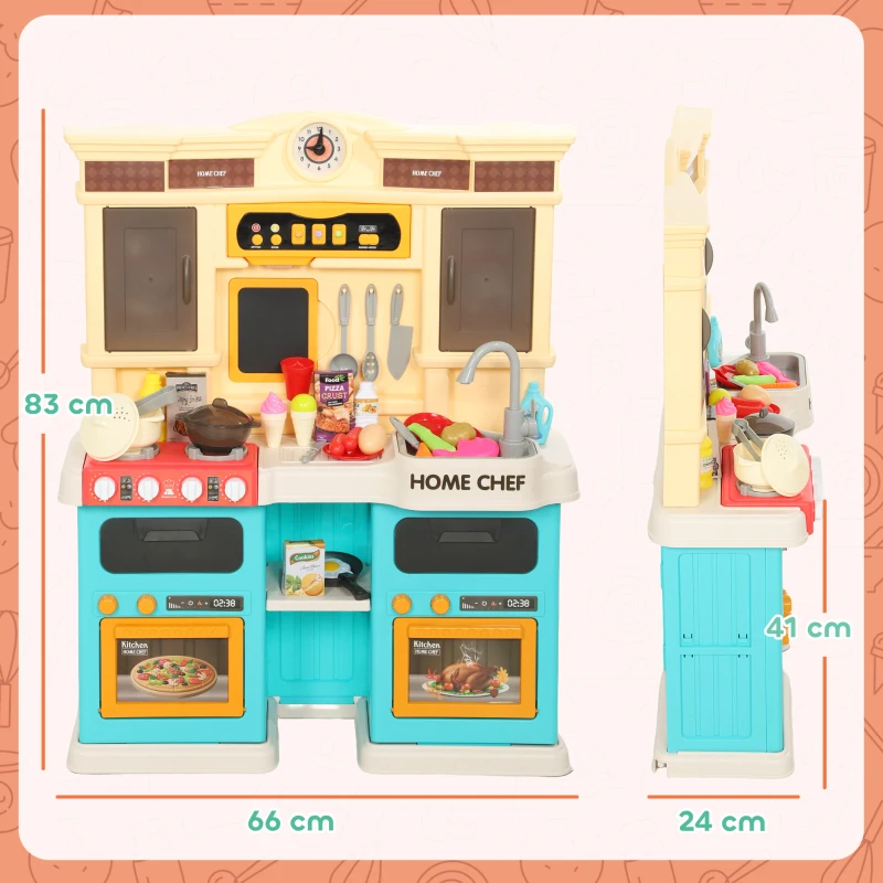AIYAPLAY Cocina de juguete con agua corriente, accesorios de 85 piezas, grifo eléctrico, luces, sonidos, para niños de 3-6 años, plástico, verde