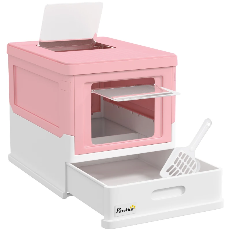 PawHut Lettiera per Gatti Chiusa in PP a 2 Porte con Paletta e Vassoio Estraibile, 47.5x35.5x36.7 cm, Rosa e Bianco