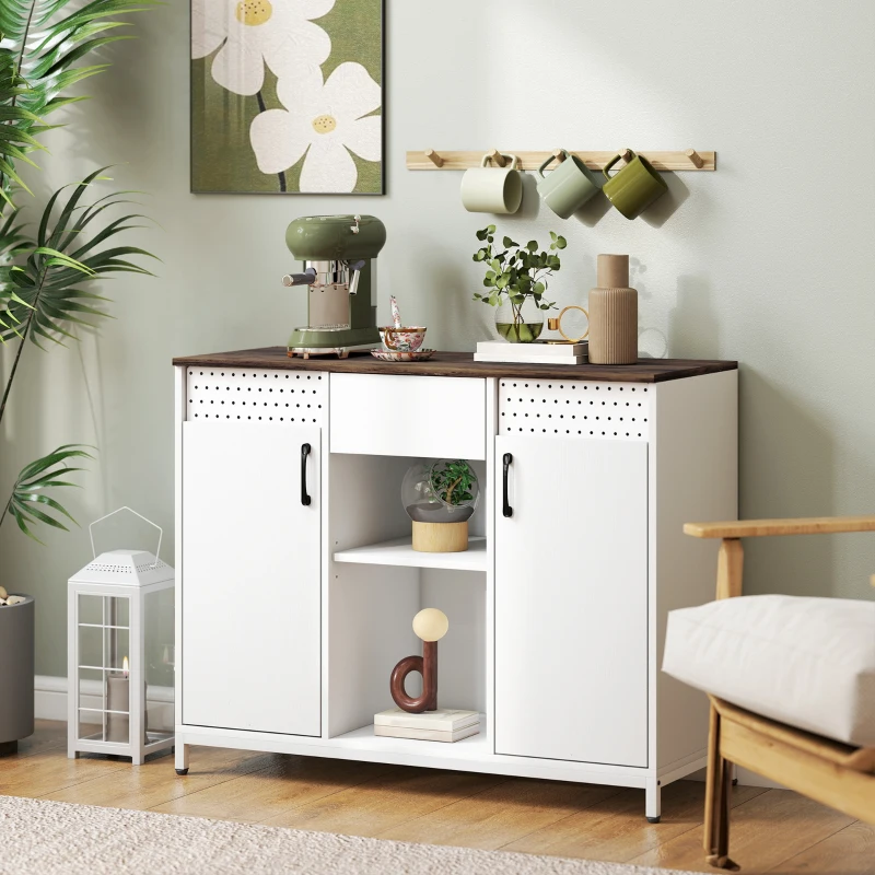 HOMCOM Credenza con 2 Ante Forate Cassetto Scomparti Aperti Ripiani Regolabili 100x40x80 cm Bianco