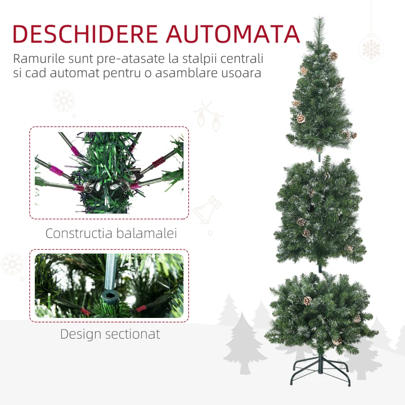 HOMCOM Pom de Craciun Artificial Inalt de 6 ft Tip Creion cu 618 Ramuri Scufundate In Zapada, Deschidere Automata, Baza de Otel, Verde