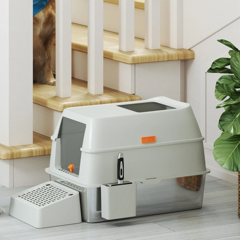 PawHut Arenero para Gatos Cubierto de Acero Inoxidable con Paso de Salida y Pala de Acero Inoxidable Gris Claro