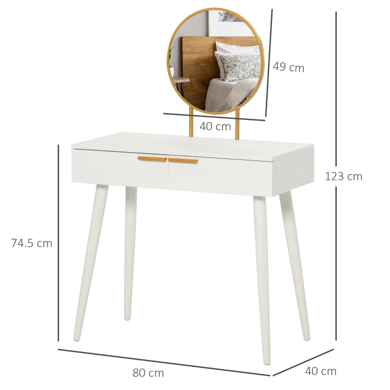 HOMCOM Tavolo Trucco con Specchio e 2 Cassetti per Accessori, in Legno, 80x40x123 cm, Bianco
