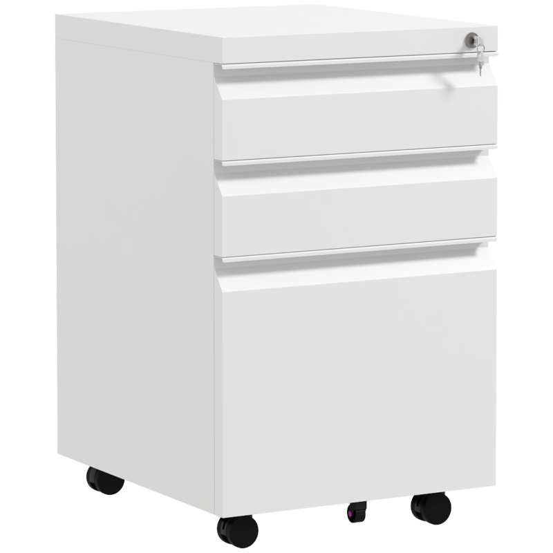 Vinsetto Dulap de Arhivare Mobil cu 3 Sertare, Comodă cu Roți din Oțel, Inchidere cu Cheie, Format A4, 37x43,5x60 cm, Alb