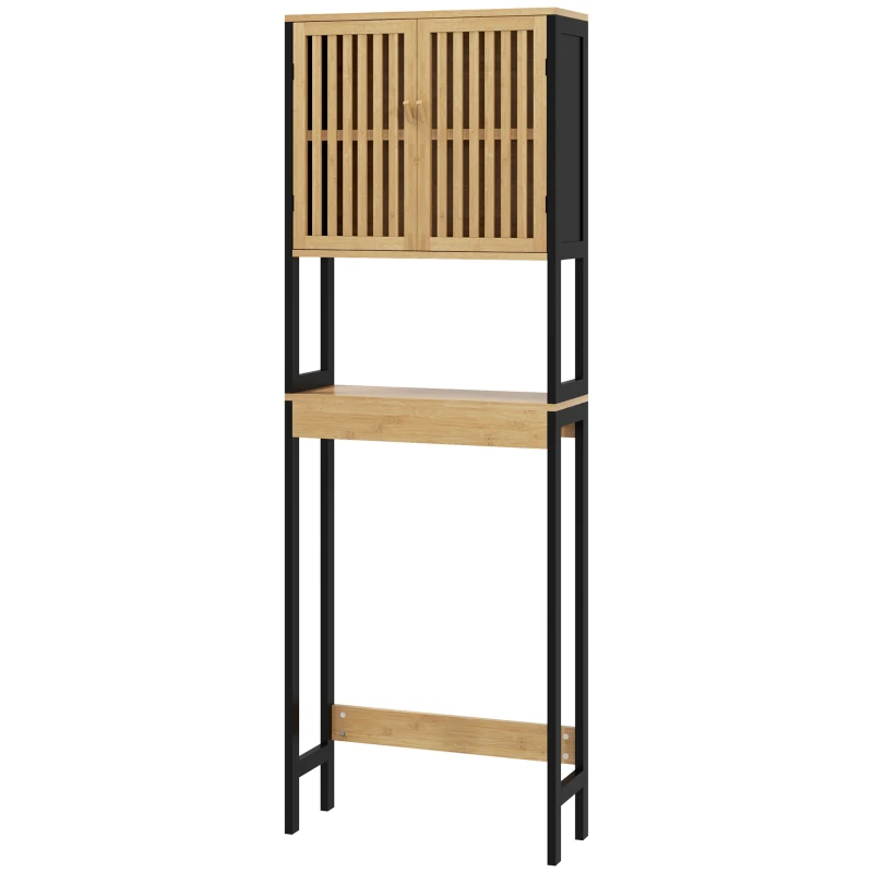 HOMCOM Dulap Deasupra Toaletei cu 2 Uși și Raft Deschis, Dulap de Baie cu Economie de Spațiu, 60x21,5x172 cm, Lemn Natural