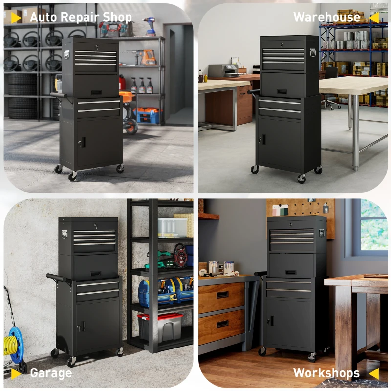 HOMCOM Armadio porta attrezzi chiudibile a chiave, set 3-in-1 carrello portautensili mobile con 6 cassetti e pannello forato, armadio porta attrezzi in acciaio smontabile per garage e officina, Nero