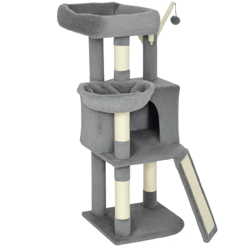 PawHut Albero tiragraffi per gatti con tappetino in sisal, piattaforma, tana e amaca, 40,5 x 40,5 x 103 cm, Grigio