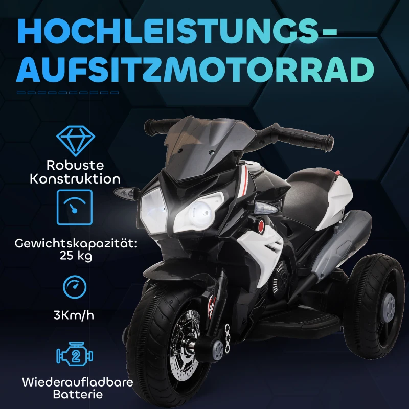 HOMCOM Elektro-Kindermotorrad, Lichter & Geräusche, 3 km/h, wiederaufladbar, Kunststoff & Metall, Schwarz/Weiß(m-5)