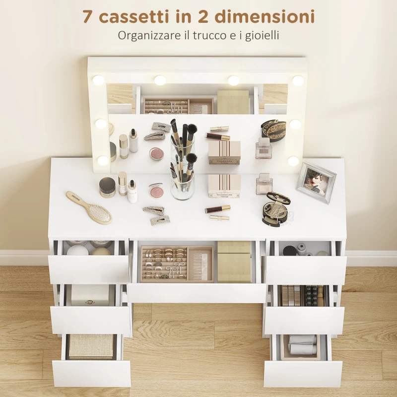 HOMCOM Toeletta Trucco con Specchio Stile Hollywood, 8 Luci LED, 7 Cassetti e Sgabello Imbottito, Bianco