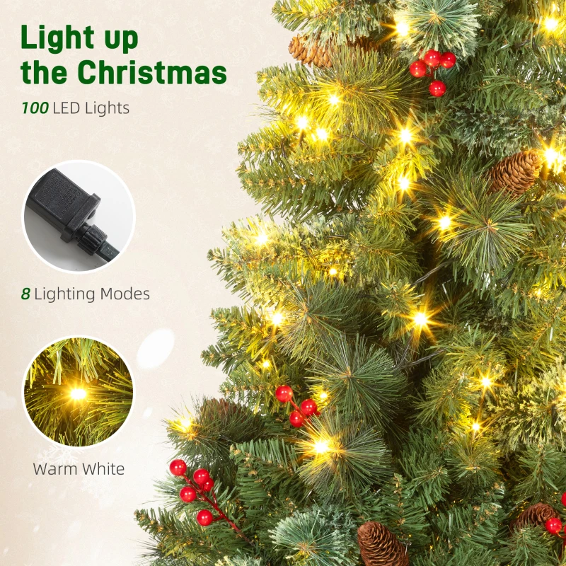 HOMCOM Kunstkerstboom 120 cm met 100 LED's, 8 lichtmodi, 214 takpunten