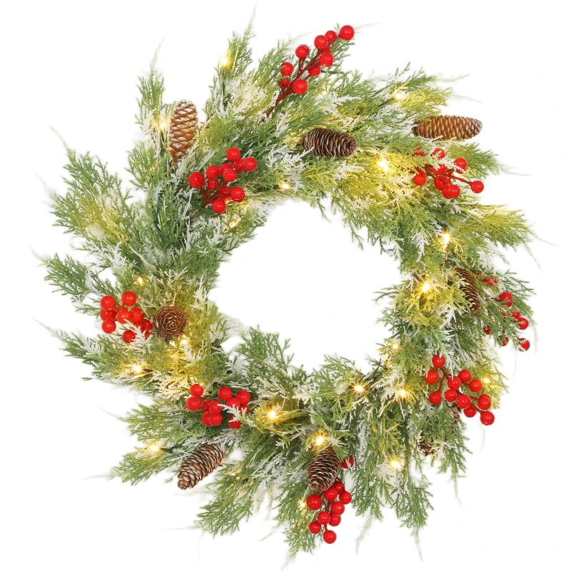 HOMCOM 60 cm Prelit Christmas Wreath, Door Wreath with Realistic Branches, 30 Warm White LEDs, Timer, Battery Operated