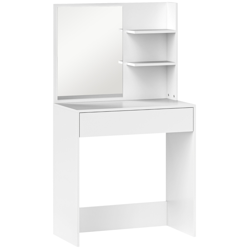 HOMCOM Coiffeuse avec miroir, table de maquillage avec tiroir et étagères, pour chambre à coucher, 75l x 40P x 137H cm, blanc