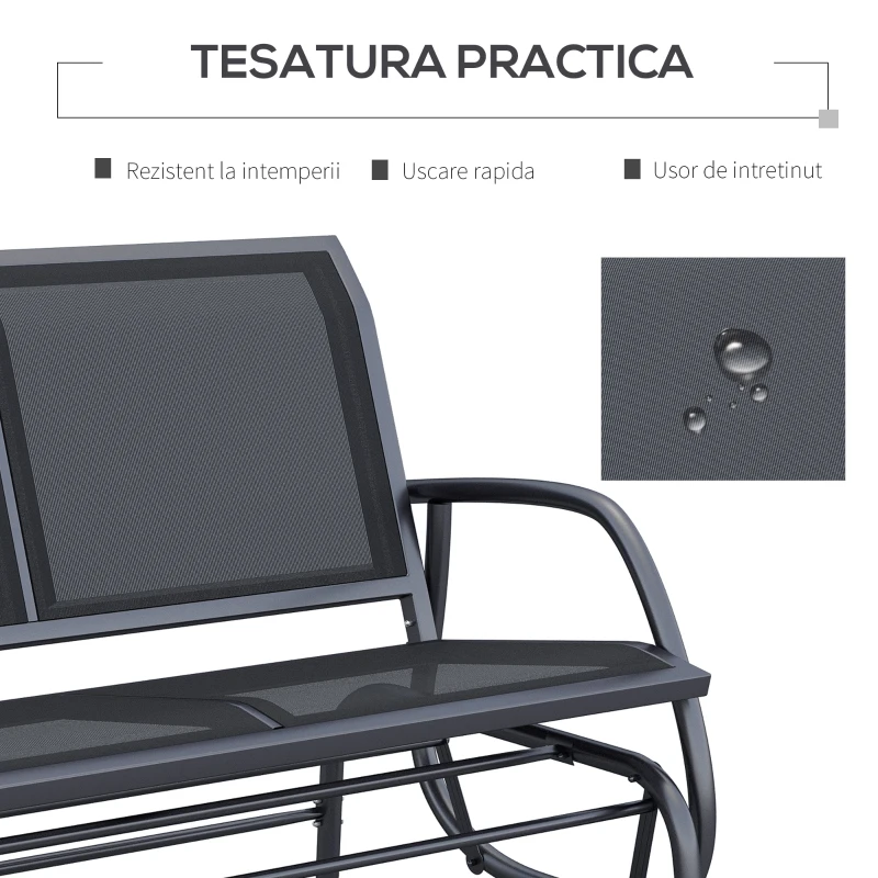 Outsunny Banca Tip Leagan 2 Locuri din Metal, Negru, 123x70x87 cm